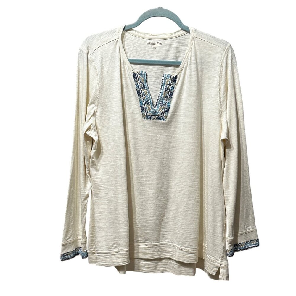 Coldwater Creek size PXL cream long sleeve embroidered trim split neck top